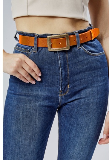 %100 Hakiki Deri Antik Sarı Tokalı Kadın Kemeri 3cm Taba