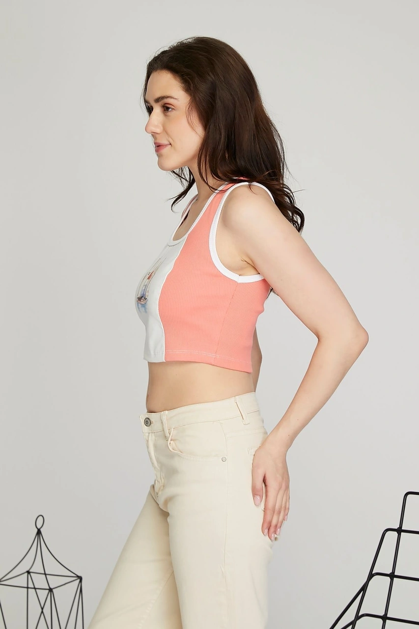 Kadın Deri Crop Ribana Kaşkorse Likralı Deri Garnili Baskılı Crop Büstiyer Deri Üzeri Baskılı Crop Pembe