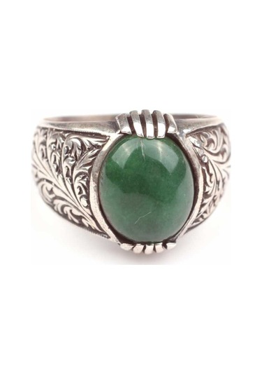 925 Ayar Gümüş Yeşil Akik Taşlı Işlemeli Erkek Yüzük