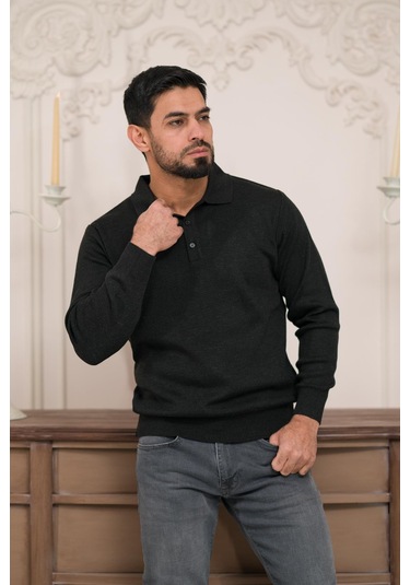 Woolen World Polo Yaka Düz Renk Yünlü Erkek Triko Kazak Antrasit