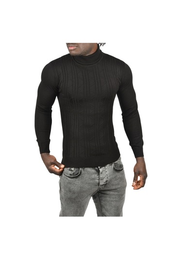 Deepsea Erkek Siyah Çizgi Desenli Slim Kesim Tam Balıkçı Yaka Triko Boğazlı Kazak 2505509 Siyah