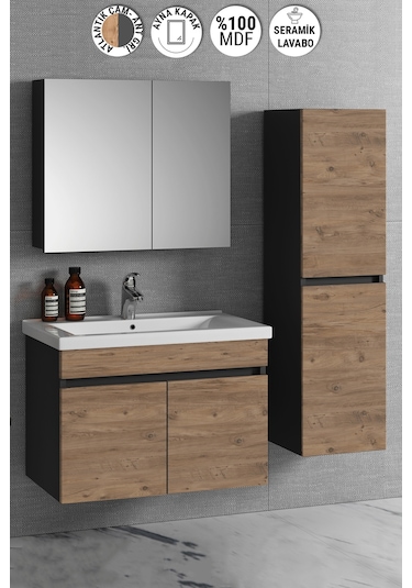 Çiğdem 80+35 Cm Antrasit Gri Mat-Atlantik Çam Mdf Seramik Lavabol Antrasit - Atlantik Çam