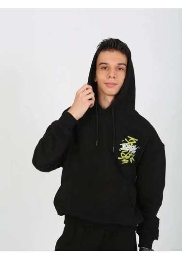 Erkek Çocuk 2 İplik Yazı Detaylı Kapüşonlu Sweatshirt-15232 Siyah