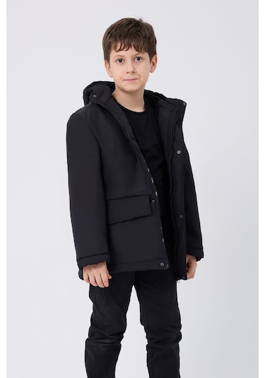Kız Çocuk Siyah İçi Kürklü Su Ve Rüzgar Geçirmez Kapüşonlu 3 Cep Kışlık Mont & Kaban & Parka Siyah