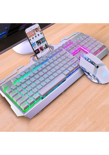 Yındıao V2 Mekanik Hissediyorum Oyun Klavyesi Fare Seti Beyaz Gökkuşağı Işığı