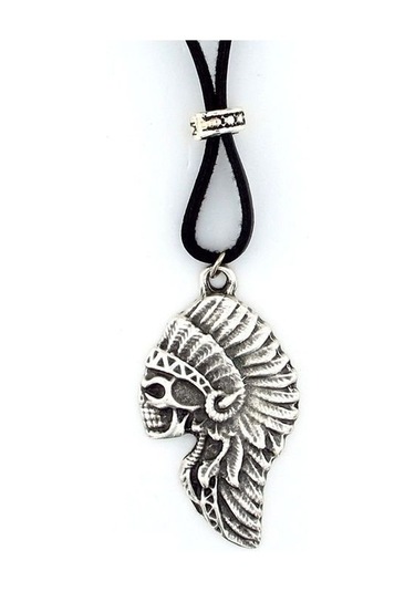Solfera Kızılderili Kurukafa Siyah Deri Metal Erkek Kolye Q0592 Gümüş