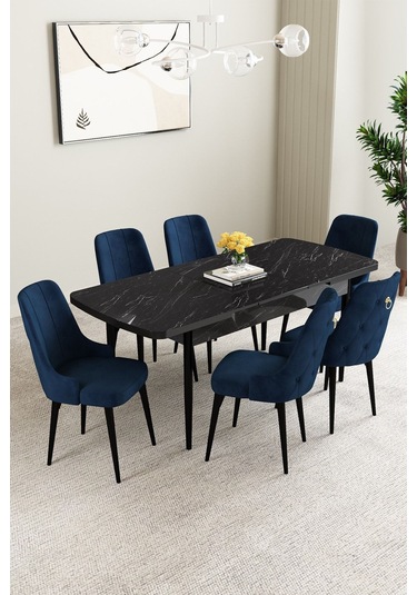Mabel Siyah Mermer Desen 80x132 Açılabilir Yemek Odası Takımı 6 Adet Sandalye Lacivert