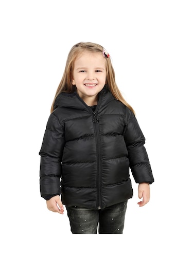 Kız Çocuk Siyah Içi Polarlı Kapüşonlu Su Geçirmez Rüzgara Dayanıklı Şişme Kışlık Mont & Kaban Siyah