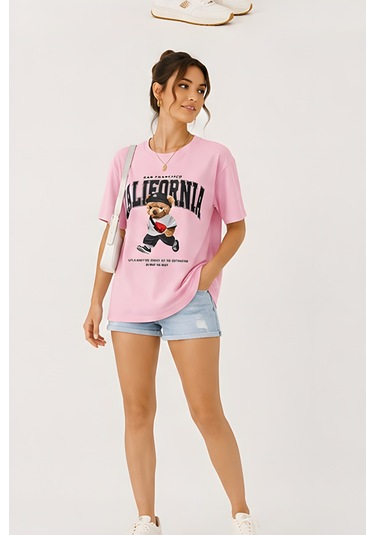 Lili Woman Kadın California Bear Baskılı Oversize T-shirt E.2686 Pembe