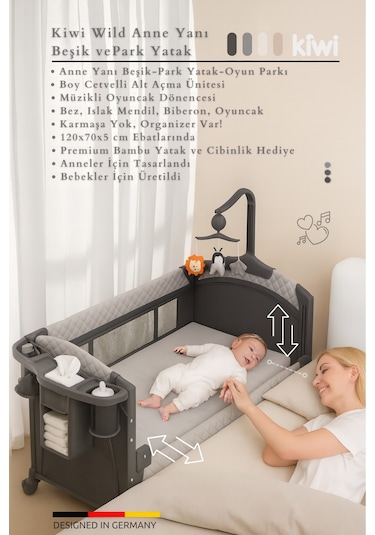 Kiwi Wildnest 3in1 Anne Yanı Park Yatak Katlanır Beşik, Tekerlekli, Yan Açılır, Müzik+oyuncak+cibinlik