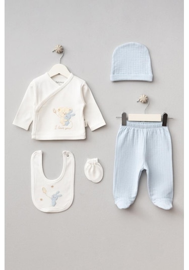 Bebitof %100 Pamuk Sarılan Ayıcık Desenli 5 Parça Yenidoğan Hastane Çıkışı Zıbın Seti Bbtf.amv.20123.46 Mavi