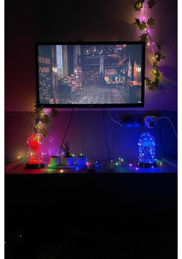 Anneler Gününe Özel Beyaz Gül Kırmızı Fanus Lamba Usb'li Yapay Çiçek Dekoratif Aydınlatma Hediyelik