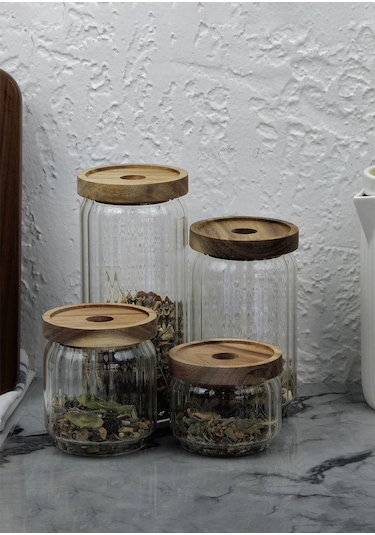 Timber Cam Kavanoz Seti - Çizgili 4'lü Saklama Kavanozu Takımı - Ahşap Kapaklı, 8 Parça