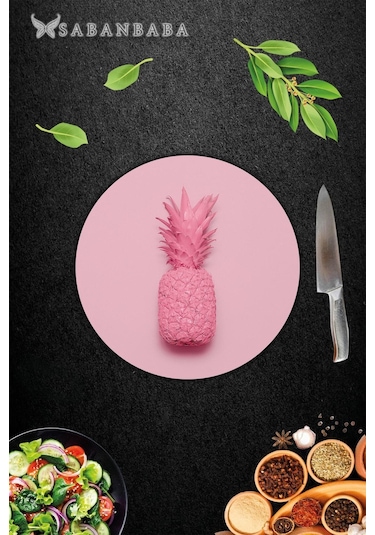Pembe Ananas Desenli Cam Kesme Tahtası - Cam Kesme Tablası - Sunu