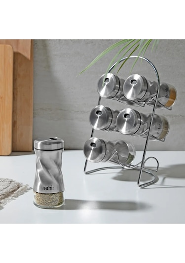 Nehir Burgulu Standlı 6 Parça Paslanmaz Çelik Baharatlık Seti