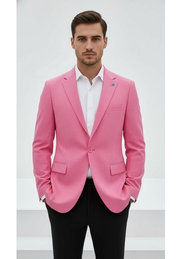 Plus Scorpion Açık Pembe Erkek Slim Fit Tek Düğmeli Blazer Ceket Astarlı, Şık Ve Modern Kesim Açık Pembe