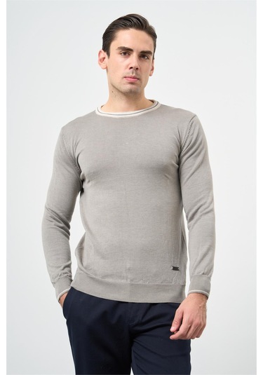 Gri Uzun Kol Düz Örme Bisiklet Yaka Classic Slim Fit Triko 1012245108 Gri