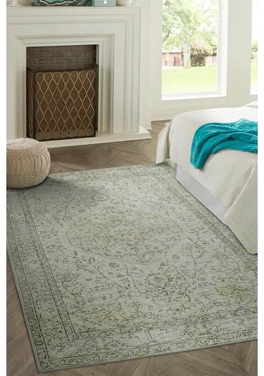 Folk Eskitme Desenli Dokuma Taban Dekoratif Yeşil Halı Ba 27