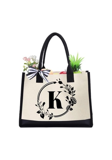Tuval El Çantası Mektuplar Çiçek Taşınabilir Plaj Omuz Alışveriş Tote Çanta A425 Siyah