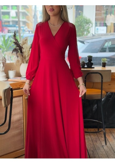 Kadın Kruvaze Yaka Maxi Boy Elbise Kırmızı