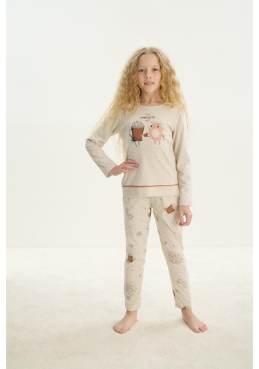 Sevim Kız Çocuk Uzun Kol Bej Melanj Pijama Takım C2t1n7o8 001