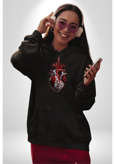 Kırmızı Beyaz Kalp Toplar Damar Kadın Erkek Siyah Kapüşonlu Sweatshirt Hoodie Siyah