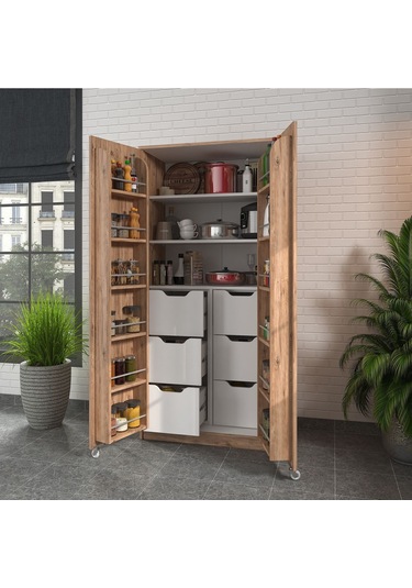 90 Derece Açılabilir 2 Kapaklı, 6 Çekmeceli, Kavanoz Raflı Kiler Ve Erzak Mutfak Dolabı Atlantik Çam