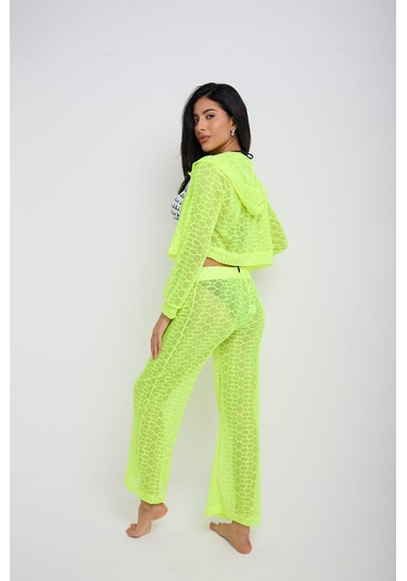 Kapuşonlu Dantel Bluz Neon Yeşil