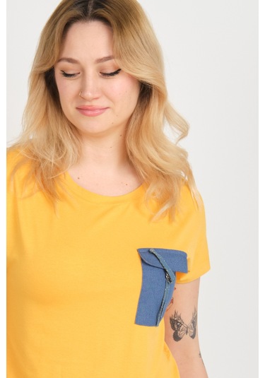 Sistas Kadın Düşük Kol Tek Cep Detaylı Bisiklet Yaka Bluz 24107 Sarı Sari