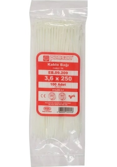 Pemsan Kablo Bağı 3,6x250 Beyaz 100 Adet