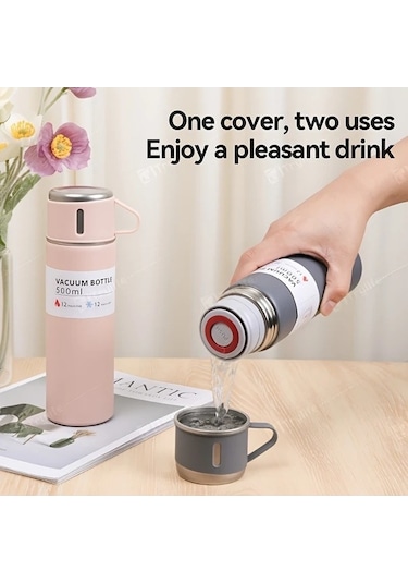 Trendooze Sunshine022 Pembe Set 500ml Vakum Termos, Hediye Kupa Sıcak Soğuk Pembe