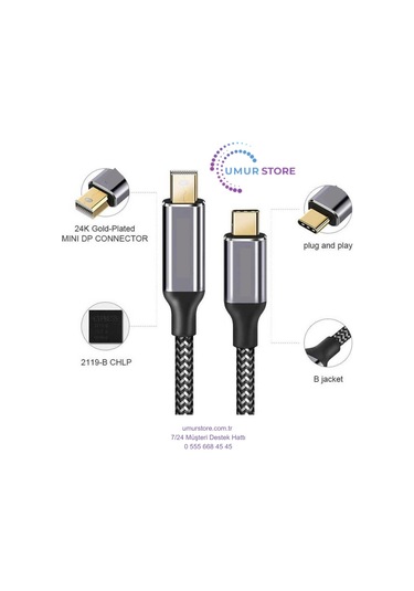 Type-c To Mini Display Port Kablo 4k 60hz 180 Cm Görüntü Aktarım Kablosu
