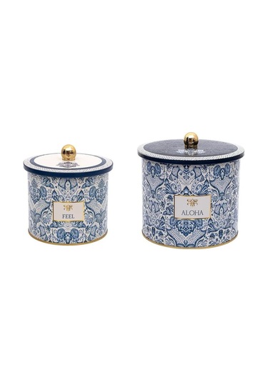 Lisbon Desenli Metal Saklama Kabı Seti - 2'li Set 1,7 Lt - 3,5 Lt Desenli