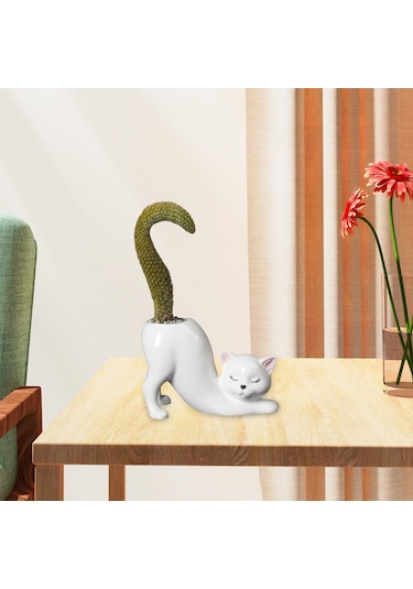 Suntek Magideal Karikatür Kedi Saksı Seramik Kapalı Açık Beyaz