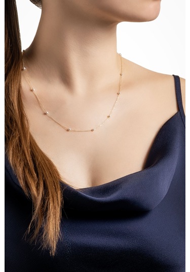 Doğal İnci Taşlı 14 Ayar Sarı Altın Kolye Sarı - Beyaz