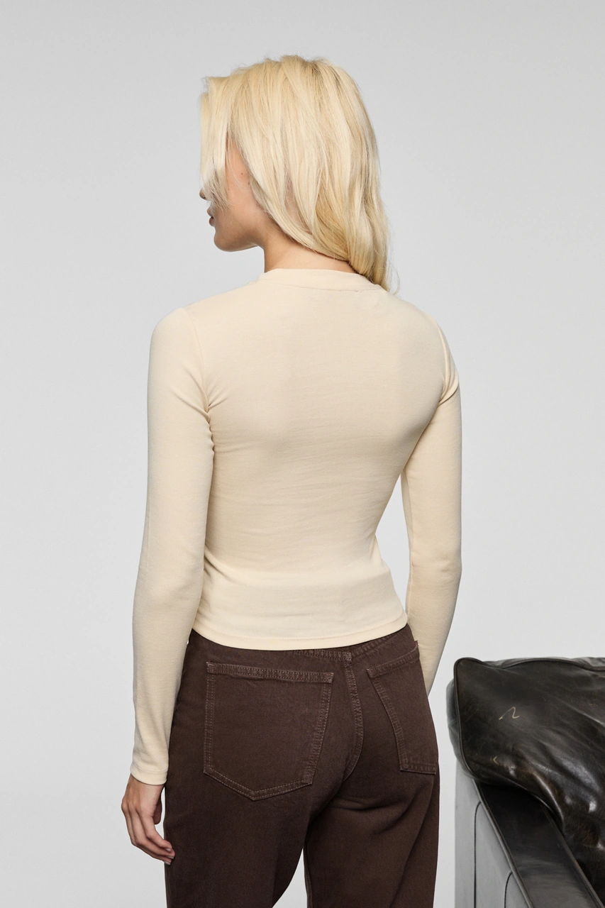 Grımelange Grıgros Kadın Esnek Kumaşlı Vücuda Oturan Slim Fit Uzun Kollu Bej T-shirt Bej