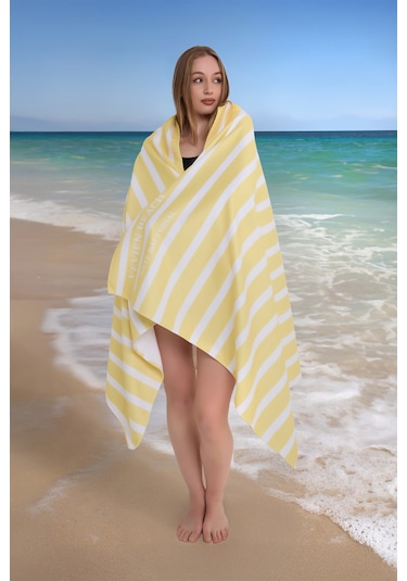 Çizgili Dijital Baskılı 100x180 Cm Plaj Havlusu Plaj Çantası+bon Sarı