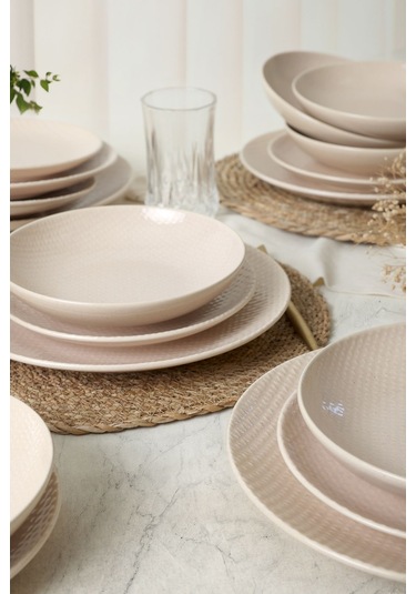 Kumlu Krem Rölyefli Yemek Takımı 18 Parça 6 Kişilik Q32 Krem