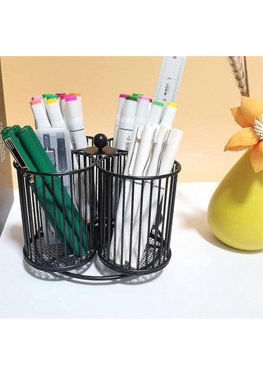 Ganzhoushop Siyah Kalemlik Düzenleyici, Metal 360 Dönen Kalem Depolama Masa Ofis Okul Makyaj Kozmetik Düzenleyici Yuvarlaksiyah