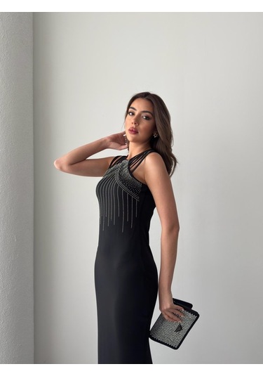 Ge Ticaret Kadın Omuz Çoklu Askılı Önü Taş Işlemeli Balık Kesim Janjan Krep Maxi Boy Elbise Siyah