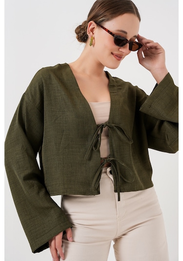 Bigdart Önü Bağlamalı Keten Kimono 960 - Haki