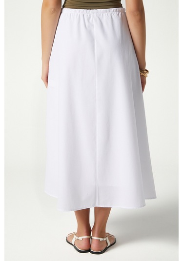 Kadın Seaside Beyaz Astarlı Bel Lastikli Cepli Dokuma Uzun Etek Beyaz