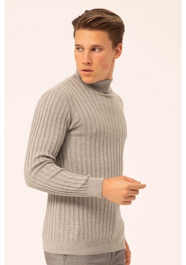 Ateş Triko Erkek Balıkçı Yaka Slim Fit Fitilli Triko Kazak 6091288 Gri Gri