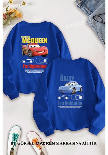 Sevgili Çift Kombin Şimşek Mcqueen Ve Sally Sırt Baskılı Bisiklet Yaka Sweatshirt 2li Set Takım Mavi Mck1336 Mavi