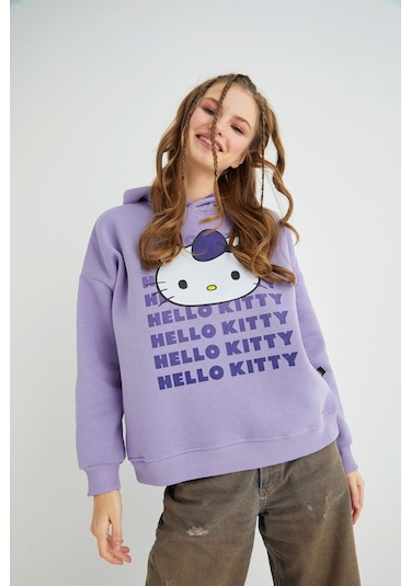 Hello Kitty Lisanslı Baskılı Kapüşonlu Oversize Sweatshirt Çok Renkli