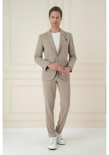 Slim Fit Mono Yaka Çift Yırtmaç Torba Cep Casual Bej Ceket C 698 Bej