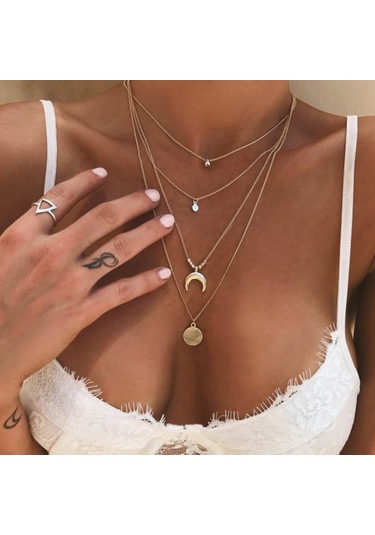 Xindoker Bohem Style Kadın Kolye, Dört Katlı Farklı Pandomalı, Gümüş Renk, Zarf Boyu Seçenekli, İnce Klavikül Gösterir Silver