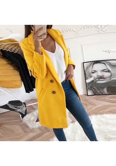 Moda Takım Elbise Yaka Slim Fit Kadın Trençkotu Parlak Sarı