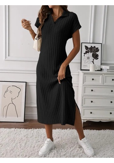 Kadın Kısa Kollu Yakalı Yandan Yırtmaçlı Kalın Fitilli Kaşkorse Elbise Siyah