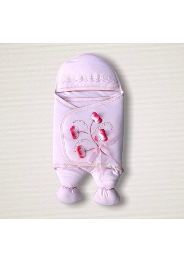 Yenidoğan Yapay Çiçek İşlemeli Şapkalı Lüks Kız Bebek Ayaklı Kundak Bebek Battaniyesi Pembe